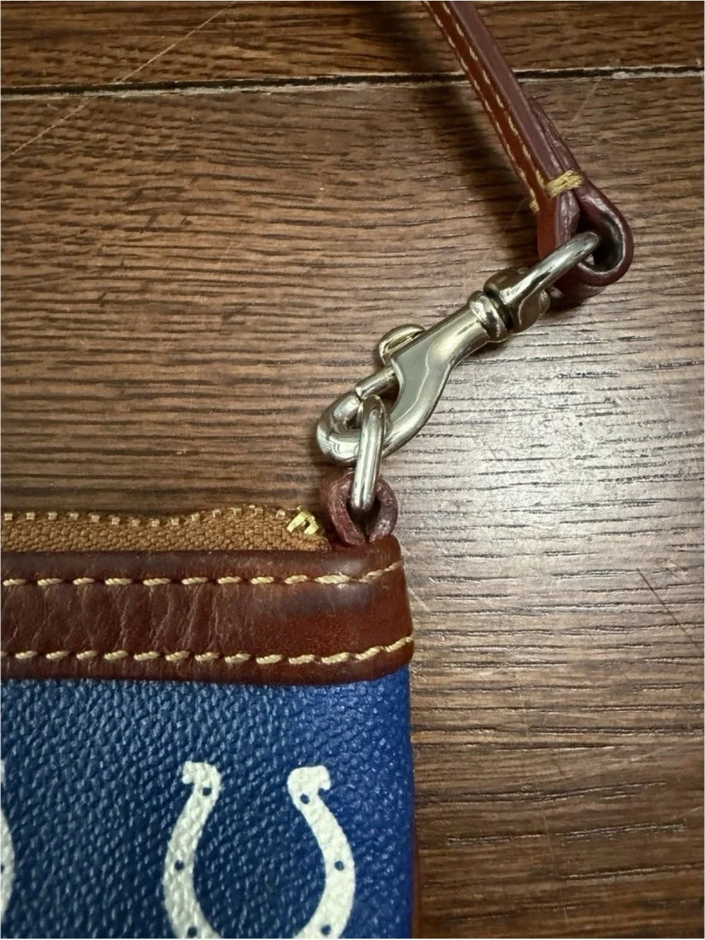 Dooney & Bourke Blue Horseshoe Print Wristlet with Brown Trim